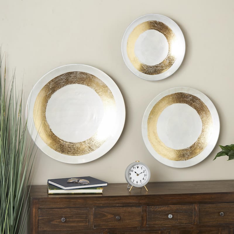 Metal Abstract 3D Circular Disk Home Wall Decor - Set of 3 Gold, Dark Blue, White - Roche River Decor