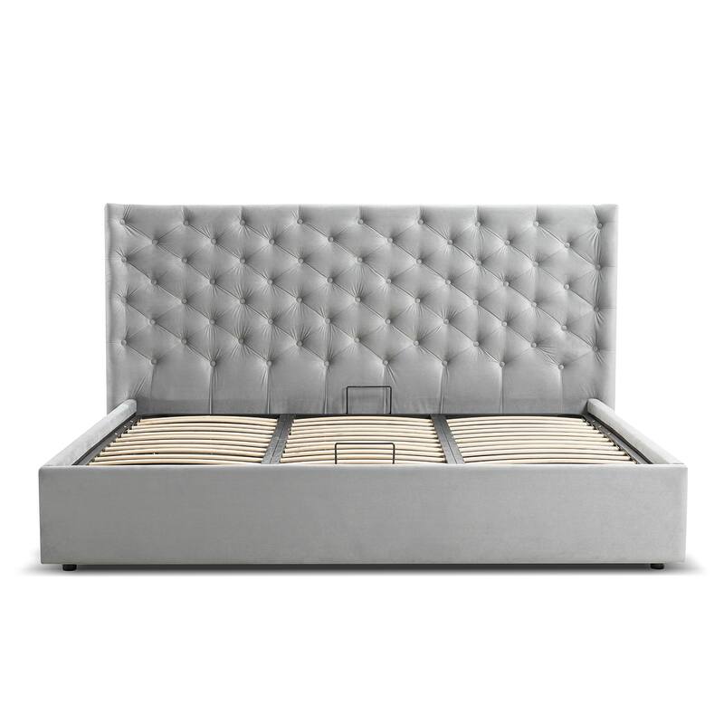 PARKER bed in gray velvet fabric tufted headboard with storage.
