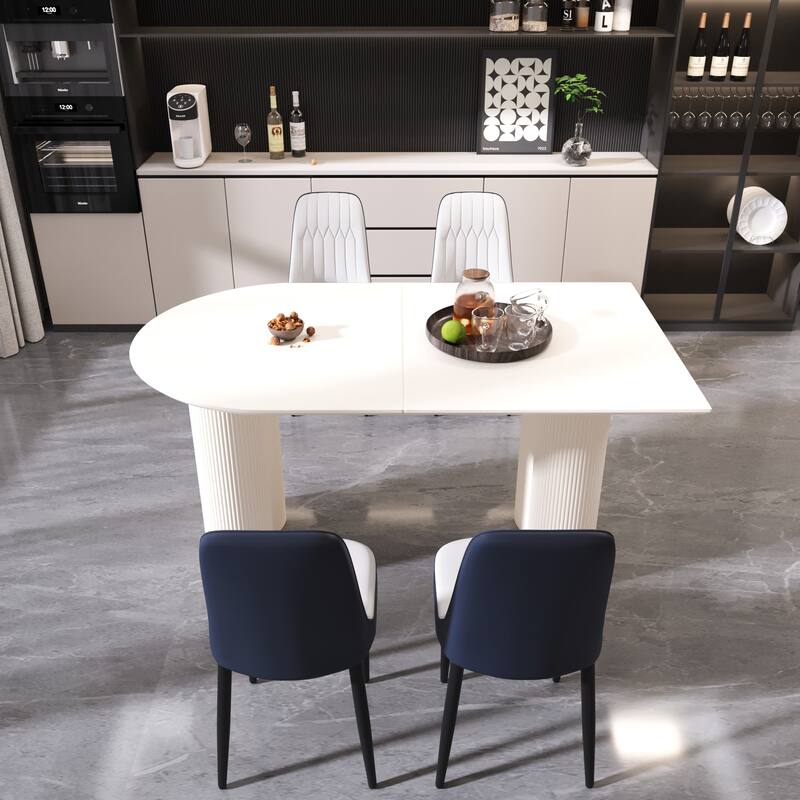 5-Piece Dining Cream MDF Table and 4 Ergonomic PU Chairs Set with for Dinners and Gatherings - Blue-Cream