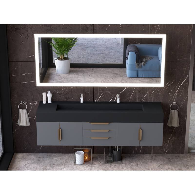 Nile 72" Wall Mounted Bathroom Vanity Set w/ Black Top