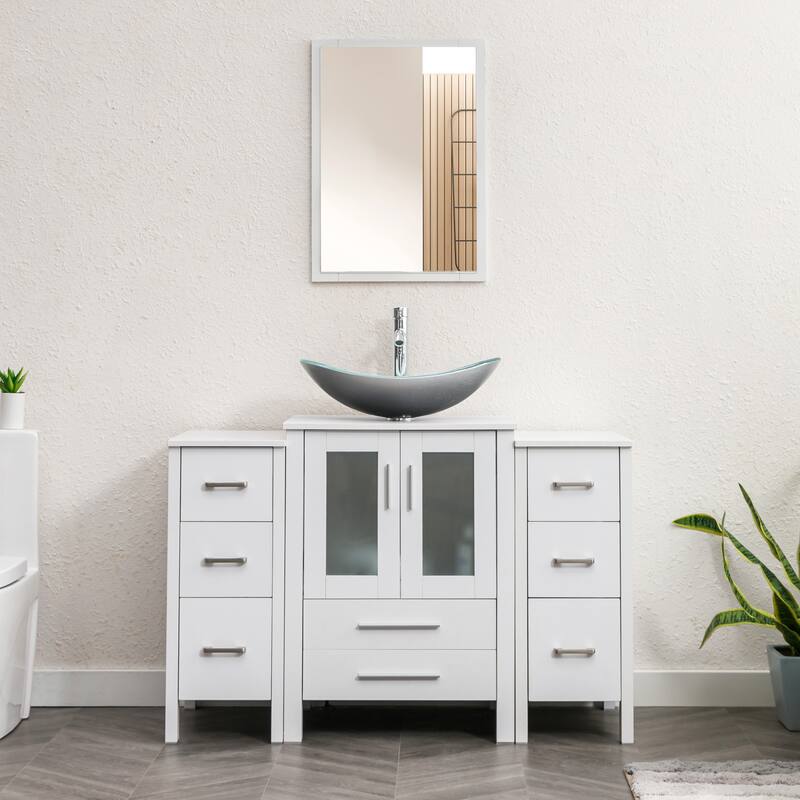 48" Bathroom Vanity Set Vessel Sink Mirror Faucet W/ Small Cabinet Combo - Glass silver boat sink - White