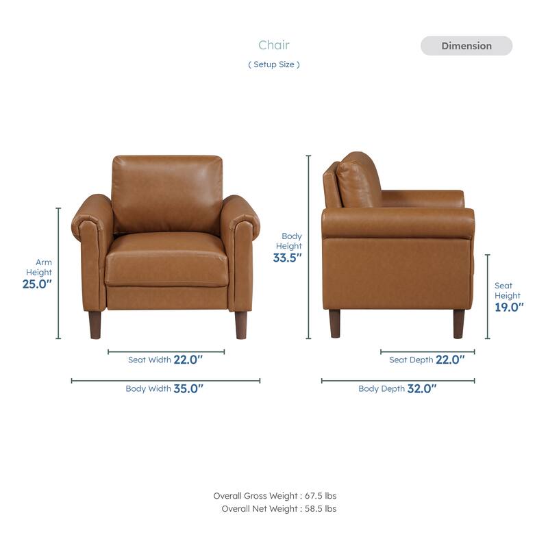 Fremont & Park Frances Faux Leather 3-Piece Living Room Set - Brown Finish Feet