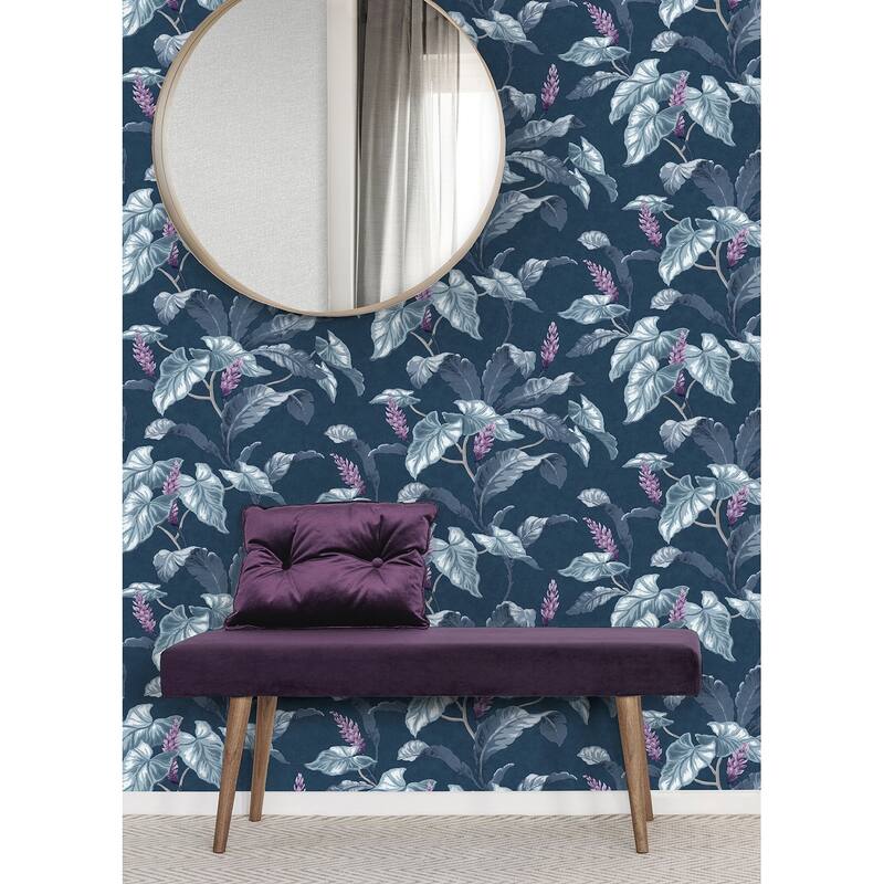 Brewster Meridian Parade Blue Tropical Leaves Wallpaper