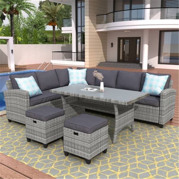 slide 1 of 8, Direct Wicker 5 Piece Outdoor Wicker Sectional Sofa Couch Dining Table Chair with Ottoman and Throw Pillows