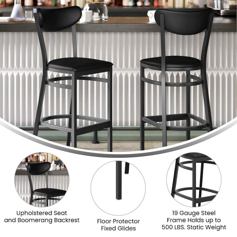 Commercial Metal Barstool with Wood Seat and Boomerang Back