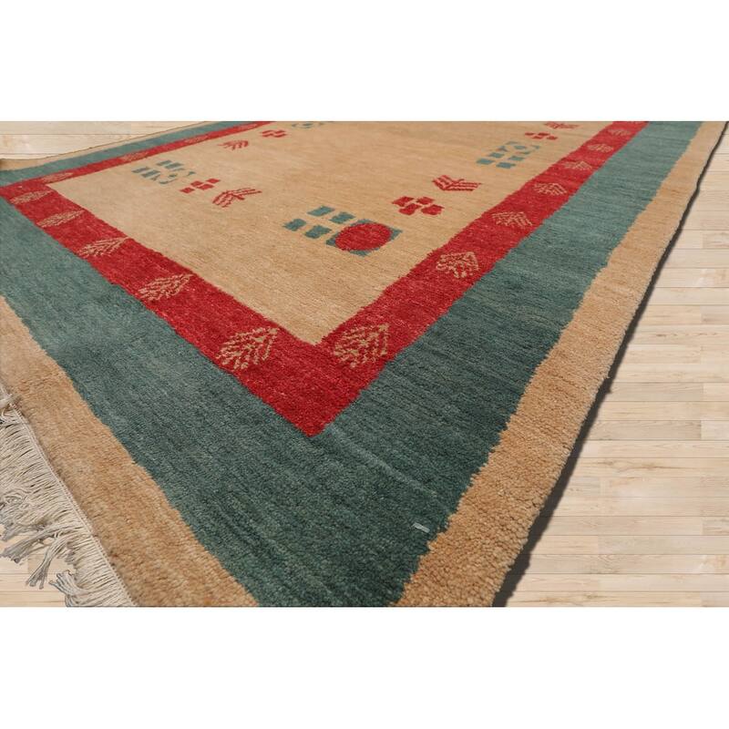 Hand Knotted Gabbeh Beige,Tan Pictorial Wool Modern Oriental Area Rug - 4' 1'' x 6'