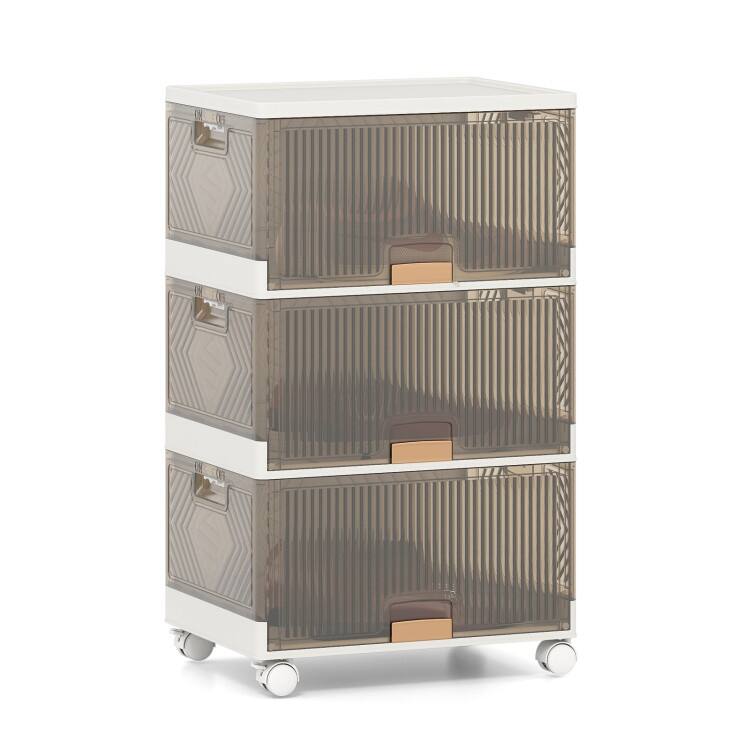 White-Brown PP and ABS Stackable Storage Bin with Wheels, Foldable Cubes - 3 Tier