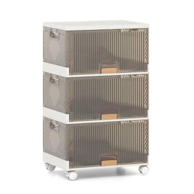 White-Brown PP and ABS Stackable Storage Bin with Wheels, Foldable Cubes
