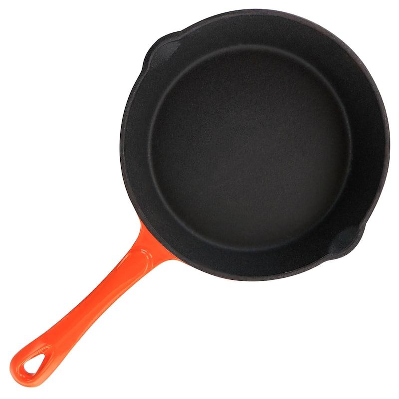 8 Inch Round PreSeasoned Dual Pour Spout Enameled Cast Iron Frying Pan in Egg Yolk