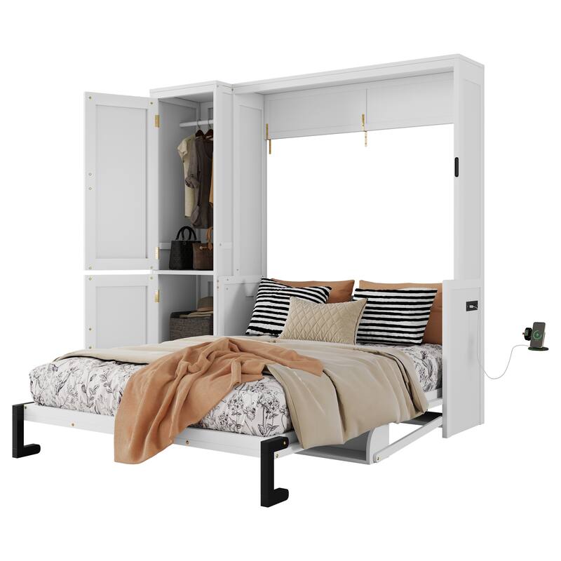 Queen Size Wood Murphy Bed with Wardrobe, Space-Saving White Wall Bed Frame with Hidden Desk and Charging Station, Gas Struts
