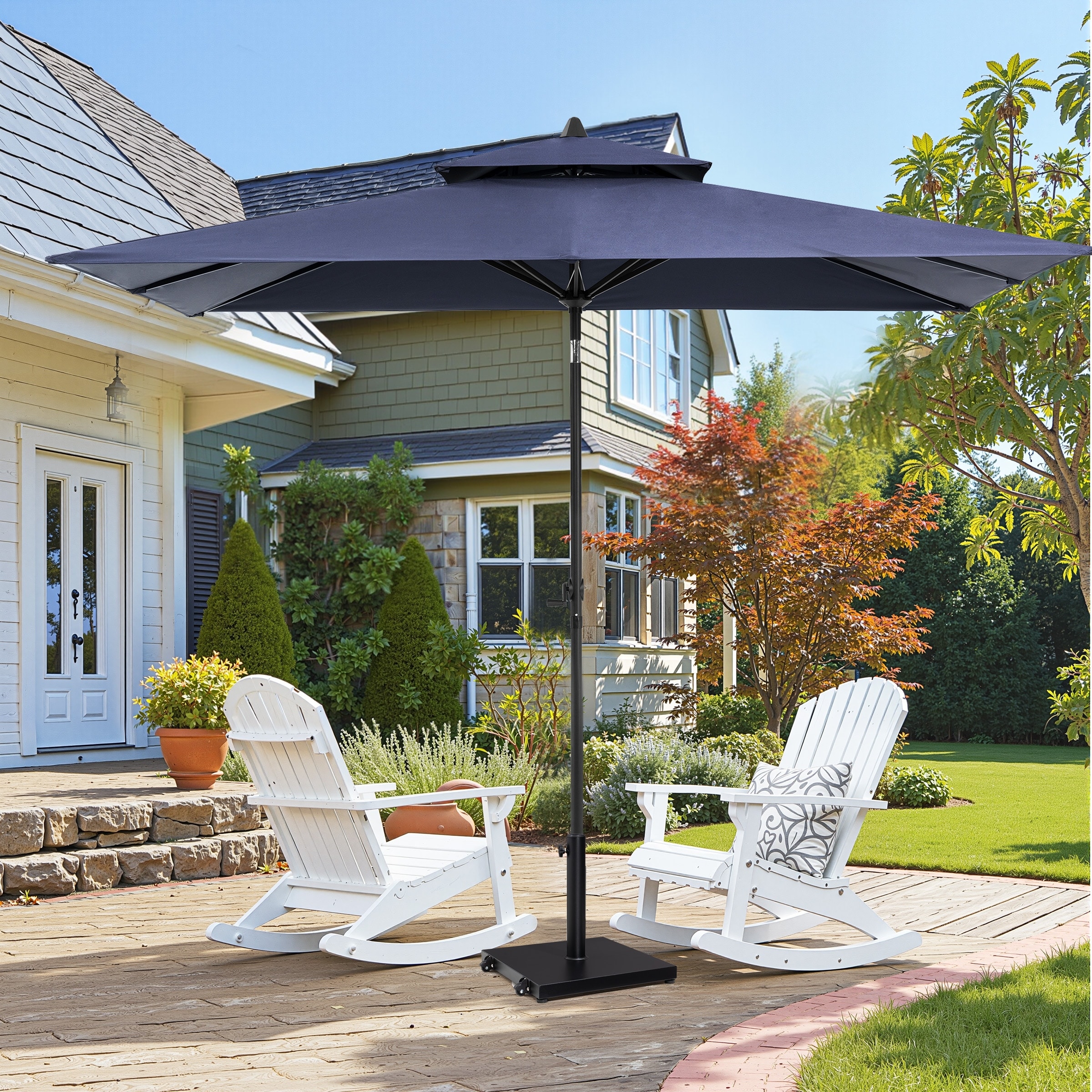 cantilever patio umbrella with wheeled base Offset Wheels 10 FT x 10 FT Base Pellebant 9 x 5 ft