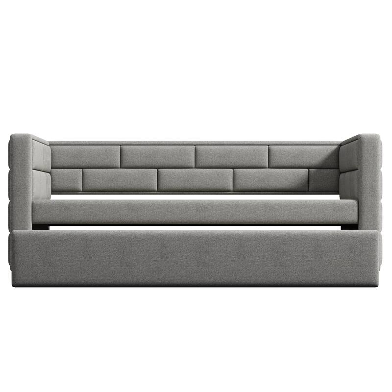 Twin Size Upholstered Daybed with Trundle, Upholstered Back Daybed Bed Frame with Wood Slats Supports for Bedroom