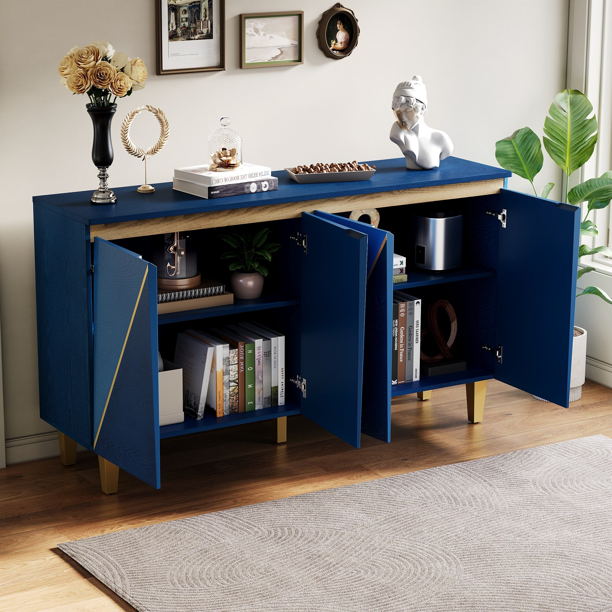 Mid-Century Art Deco 4-Door Sideboard with Adjustable Storage by