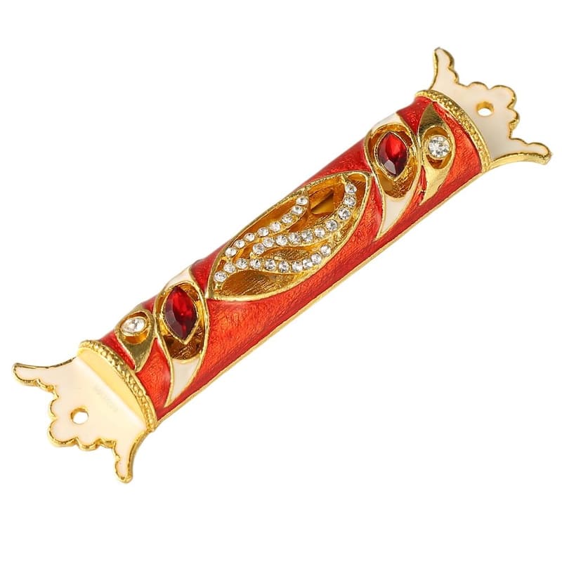 Matashi 4.5" Hand Painted Enamel Mezuzah Embellished with a Royal Red Design with Gold Accents Red and Clear Crystals