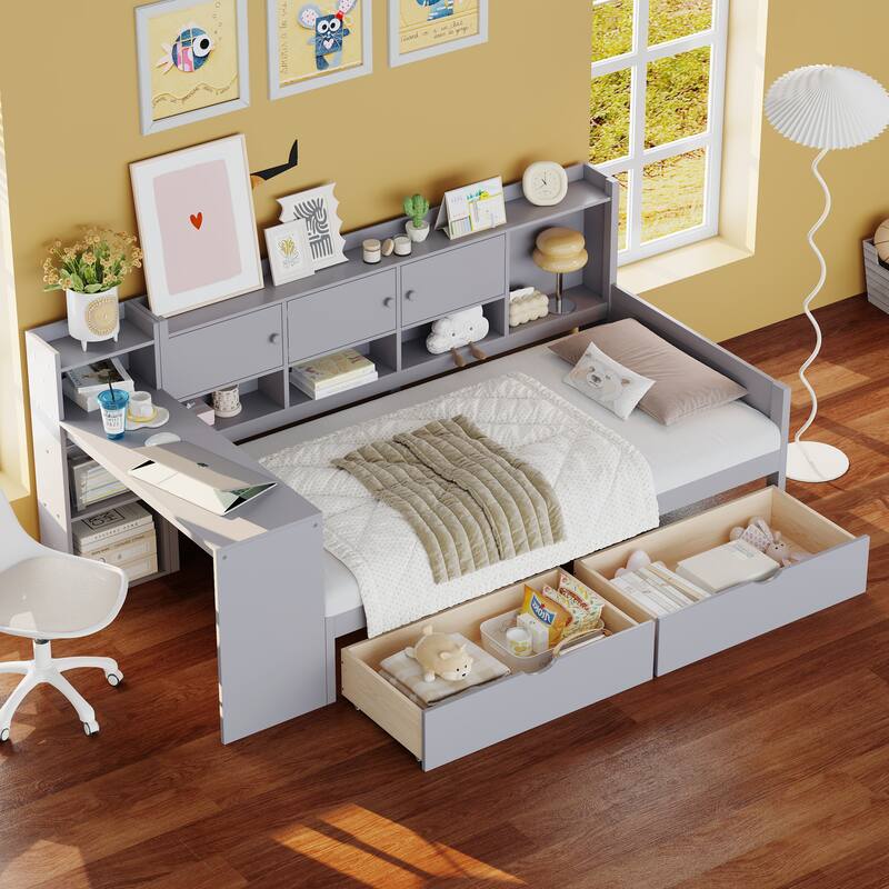 Twin Size Daybed with Storage 3 Cabinets and 2 Drawers,Wooden Daybed Frame with Study Desk and Bookshelf,Multi-functional Bed - Grey