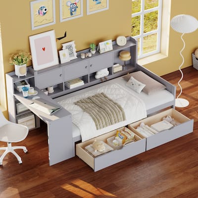Twin Size Wood Daybed with L-Shape Design and 3 Cabinets, 2 Drawers and Built-in Study Desk