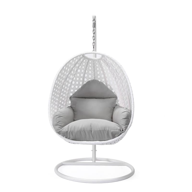 Patio Hanging Egg Swing Chair with White Wicker Shell and Iron Frame for Indoor Outdoor Patio Porch Garden Backyard