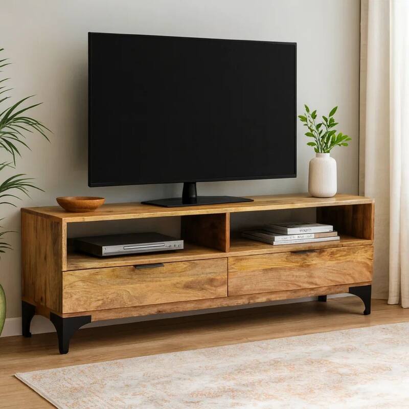 TV Stand, Brown Mango Wood, 2 Shelves and 2 Drawers, 47 Inch