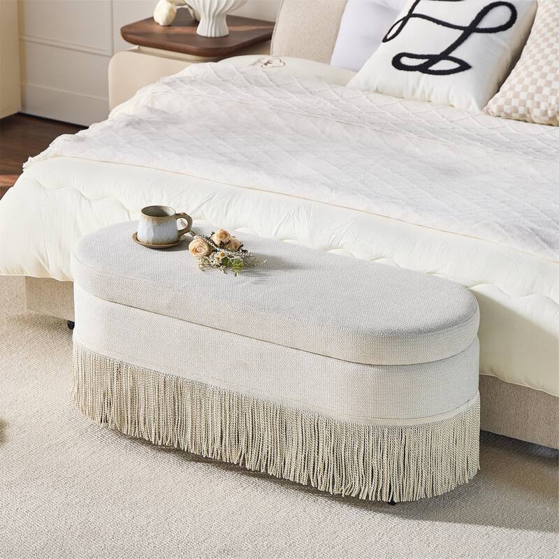 Oval Upholstered Storage Ottoman with Fringe Trim & Lift-Top Lid - 39"L x 16"W x 17"H,Multi-Functional Footrest & Hidden Storage