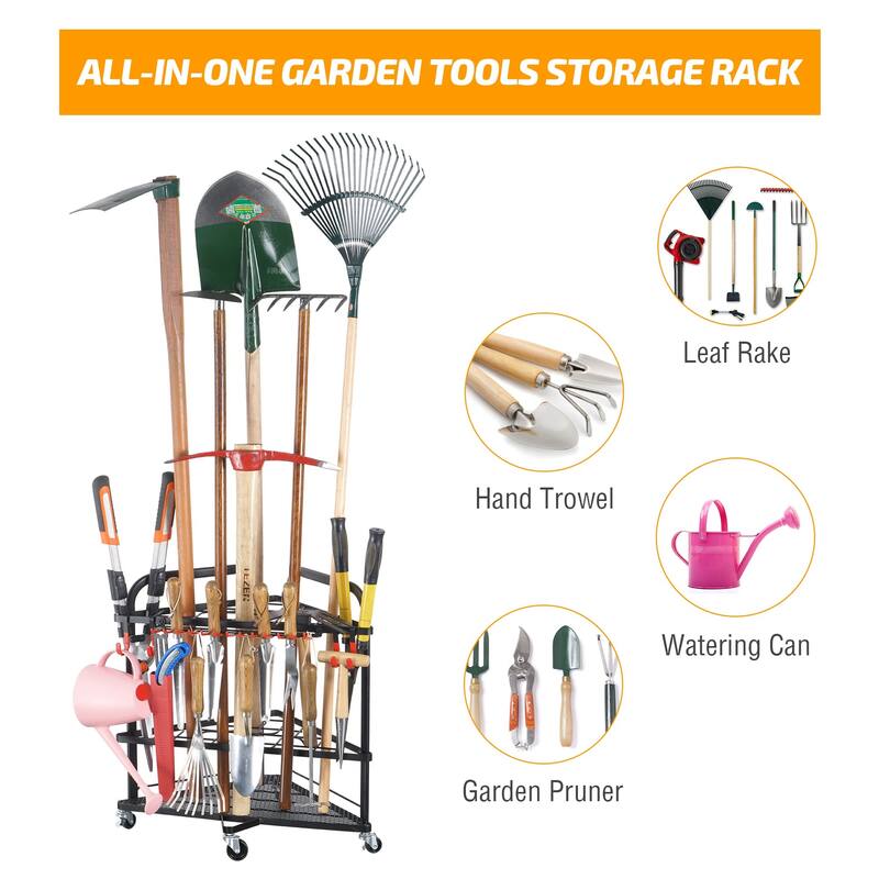Rolling Yard Tool Storage Rack with 31 Slots for Shed and Garden