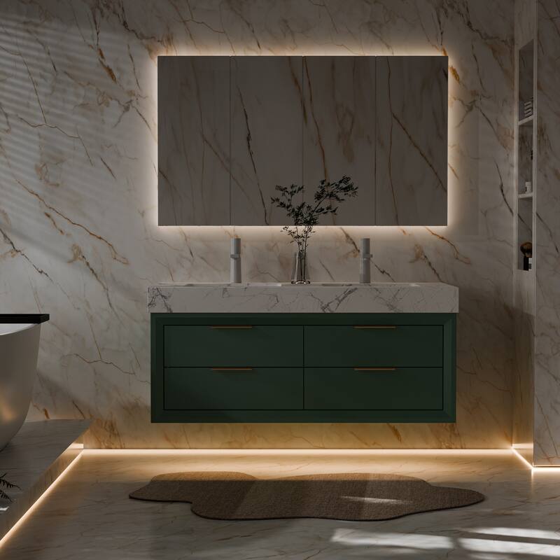 Modland 48" Floating Double Sink Bathroom Vanity with White Stone Countertop, Soft-Close Drawers, LED Lighting