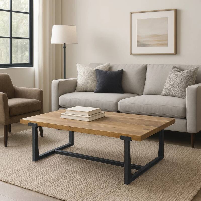 Marlon 48" Coffee Table Handmade Aluminum Cast Black Frame Natural Brown Solid Mango Wood Top