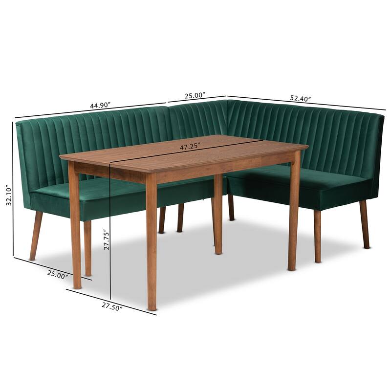 Alvis Mid-Century Emerald Green Velvet Upholstered Wood Dining Nook Set