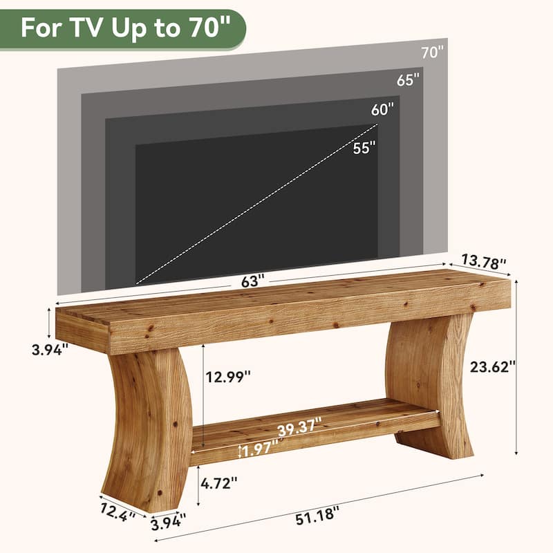 63" Solid Wood TV Stand Low Storage Entertainment Center for Living Room - Brown