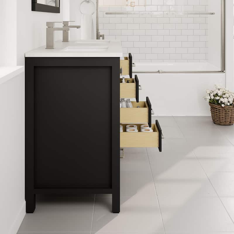 Eviva London 48"W x 18"D Espresso Double Sink Bathroom Vanity with White Carrara Quartz Vanity Top - 48"