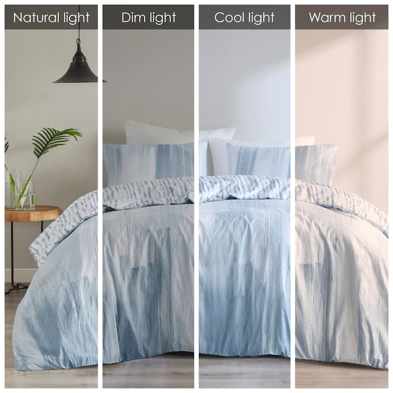 N Natori Brush Stroke Blue 3 Piece Oversized Reversible Seersucker Duvet Cover Mini Set(Insert Excluded)