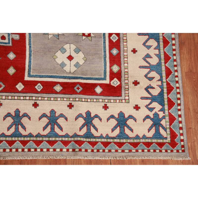 Hand Knotted Oriental 100% Wool Carpet Traditional Geometric Greys & Charcoal Kazak Area Rug - 9' 6'' X 7' 9''
