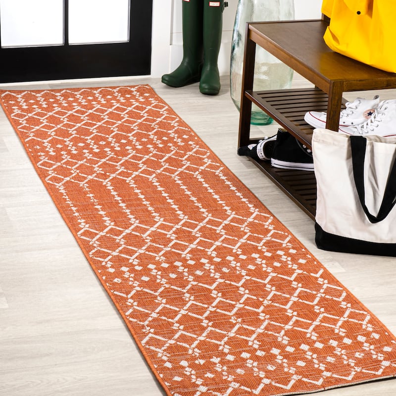 JONATHAN Y Trebol Moroccan Geometric Textured Weave Indoor/Outdoor Area Rug - 2 X 10 - Orange/Cream