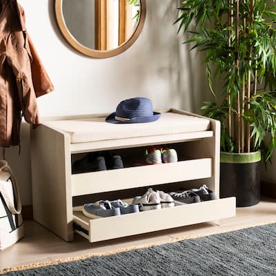 SAFAVIEH Percy Shoe Storage Bench -White Washed / Beige - 33.8" x 17.5" x 20.6"