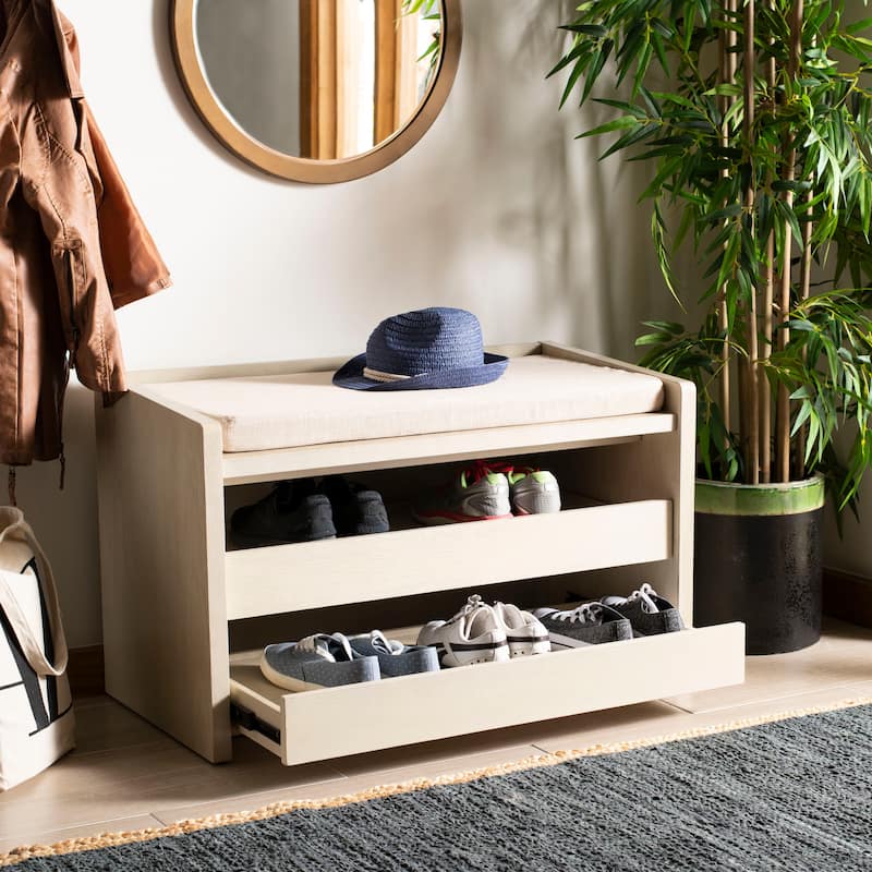 SAFAVIEH Roseanna Shoe Storage Bench Oak / Beige - 34" W x 18" D x 21" H - 34Wx18Dx21H