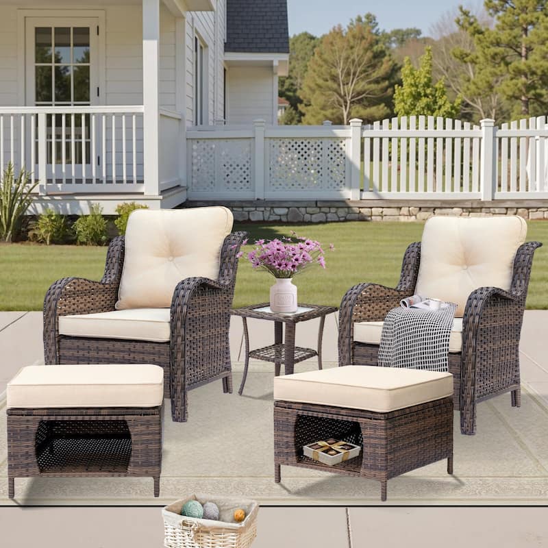 5 Piece Outdoor Wicker Patio Conversation Chair with Ottoman Set - Cream-Brown Rattan
