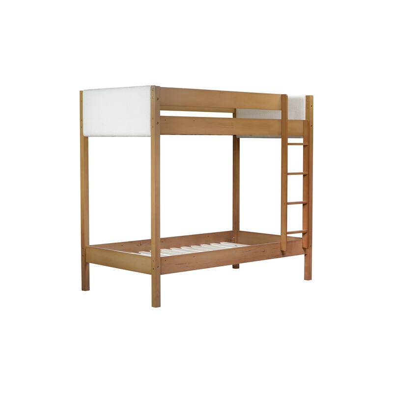 Natural Bunk Bed Twin Over Twin Size Bed Frame with Ladder, Guardrails, Teddy Fleece Fabric Headboard and Footboard