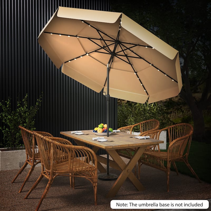 10FT Polyester Patio Umbrella with Solar Lights and Tilt Crank 3-Tier Vented Shade for Backyard