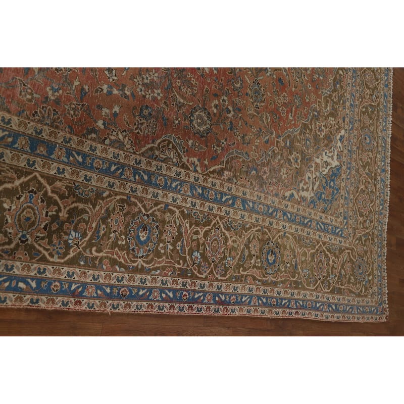 Distressed Mashad Vintage Persian Area Rug Hand-Made Wool Carpet - 9'7" x 13'2"