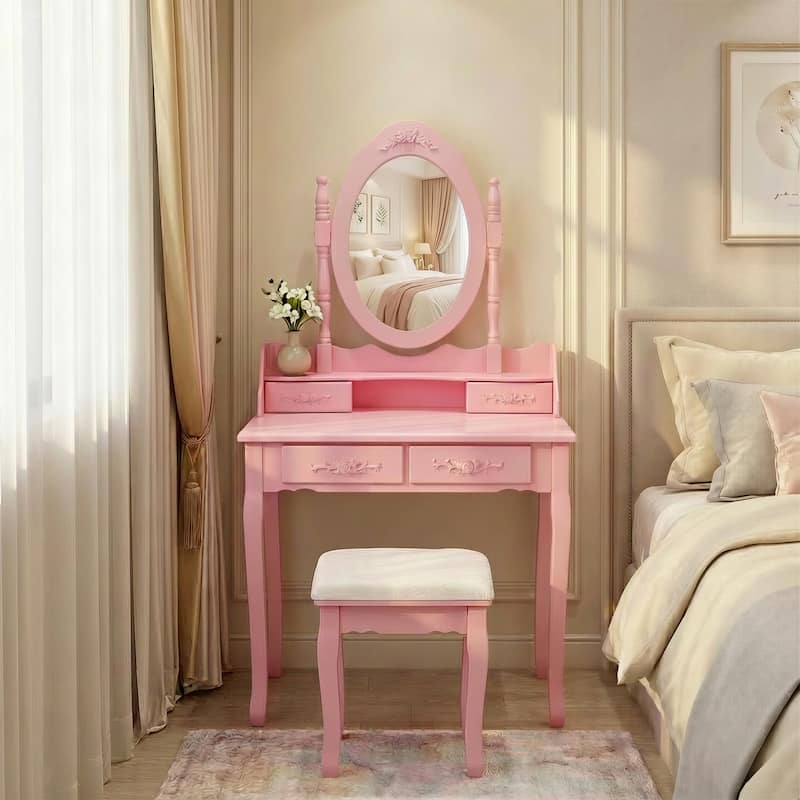 wooden princess dressing table Kids Vanity Desk Set with Mirror and Lights, Princess Wooden Makeup Vanity with Chair, Storage Shelves and Drawers, 2-in-1 Girls Dressing Table, White