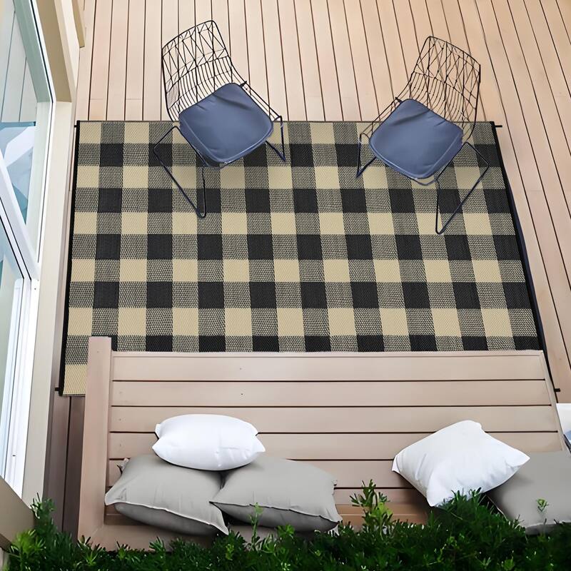 Outdoor Rug Waterproof Reversible Rug Indoor Outdoor Plaid Area Rug Plastic Straw Rug for Camping RV Backyard Patio
