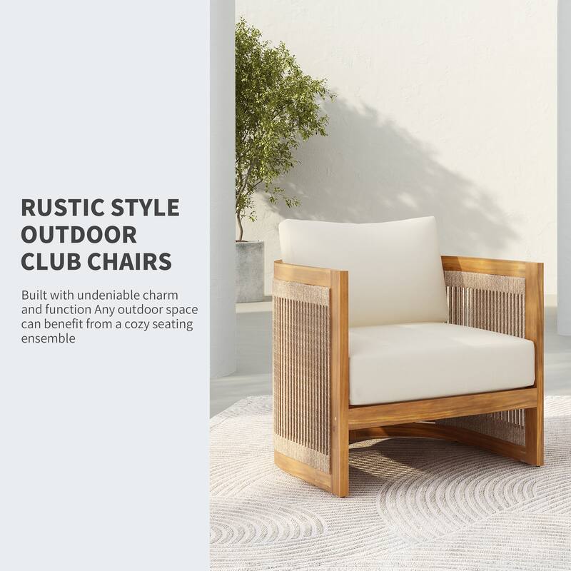 Christopher Knight Home Olivia Bennett Premium Acacia Wood Outdoor Club Chair with Curved Tub Design and Woven Rope Accents