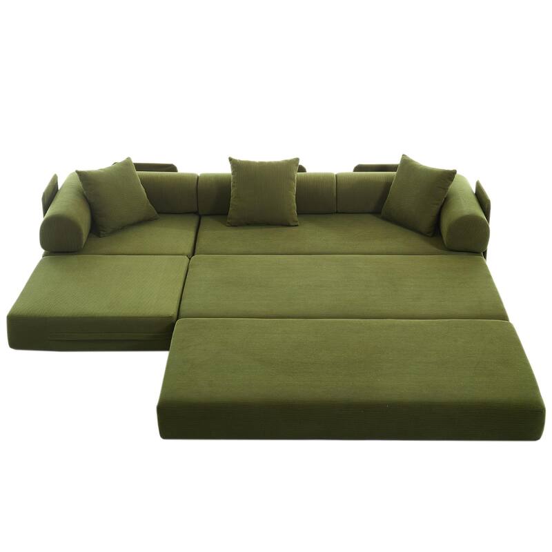 107'' L-Shaped 7-in-1 Corduroy Modular Sectional Sofa Bed, 4-Seat, Green