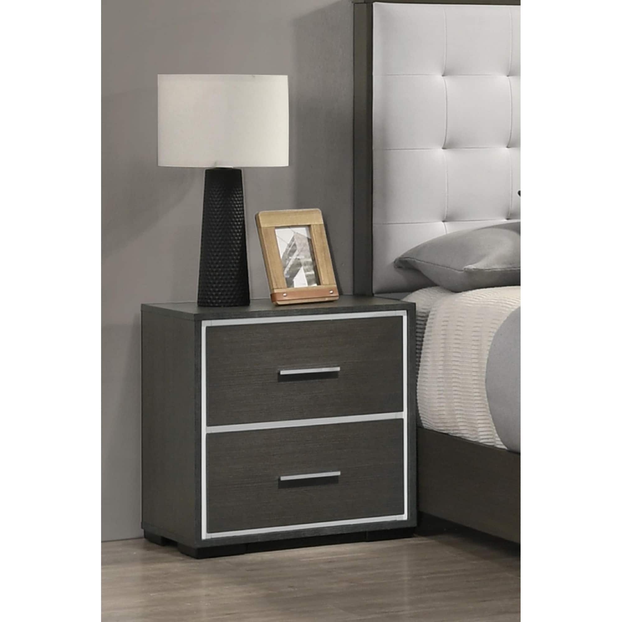 Contemporary Stylish Wood Nightstand, Bedside Storage Cabinet with Metal Handle Drawers, Wooden Side Table with Chrome Trim