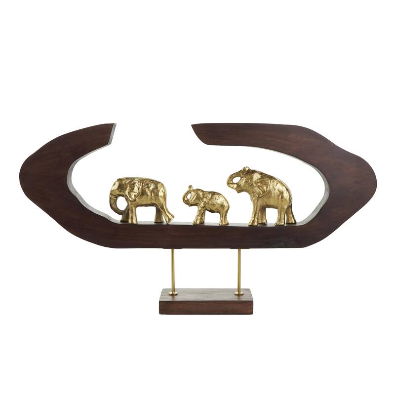 Aluminum Metal Elephant Decorative Sculpture with Brown Wooden Frame - Gold - Roche River Decor