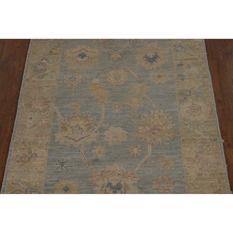 Vegetable Dye Blue Oushak Turkish Runner Rug Hand-Knotted Wool Carpet - 3'1" x 11'8"