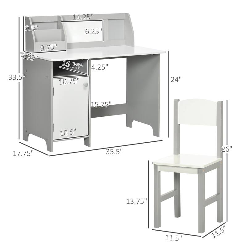 Children’s Study Desk and Chair Set with Storage Cabinet Bookshelf and Writing Board - 35.4" L x 17.7" W x 33.5" H