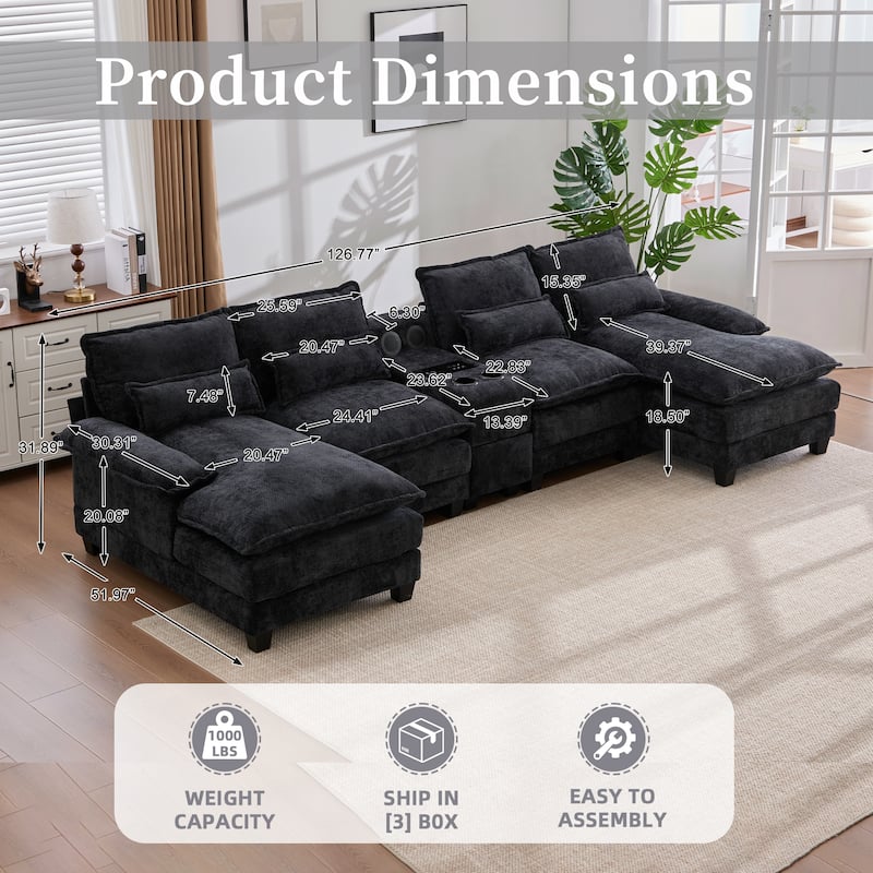 6-seat Chenille Upholstered Modern U-shaped Sectional Multifunctional Sofa with 2 Cup Holders,Pull-out Storage Space