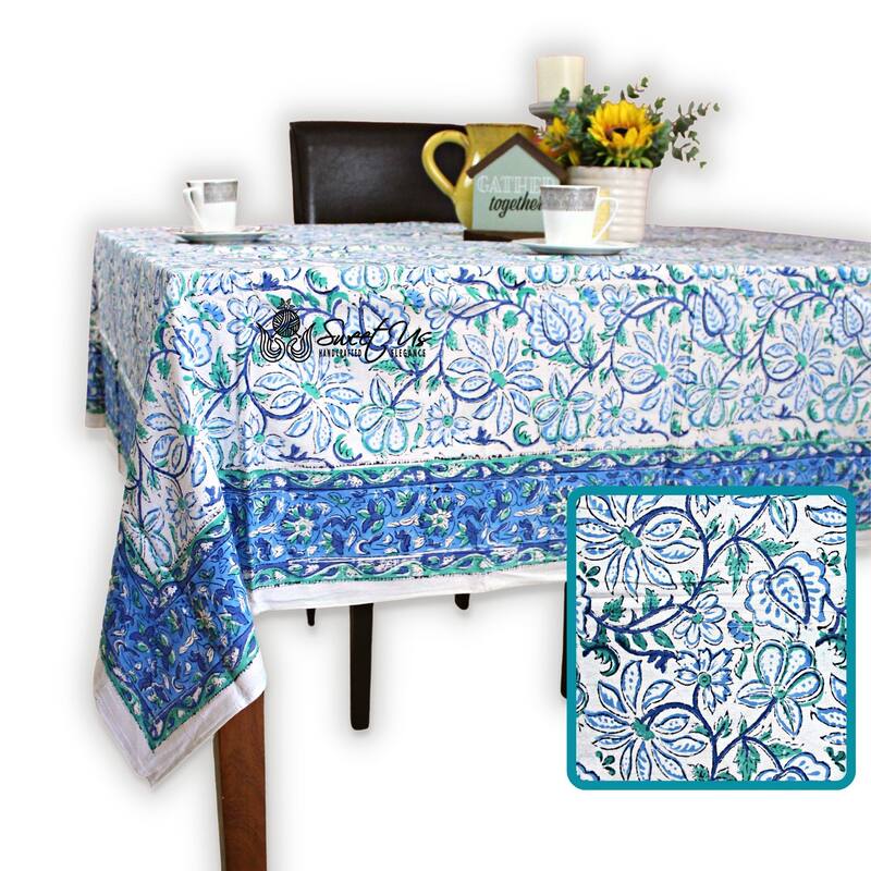 Ashlyn Handmade Cotton Floral Square Tablecloth Blue Red Green - 70 x 70 in - Venetia Denim Blue