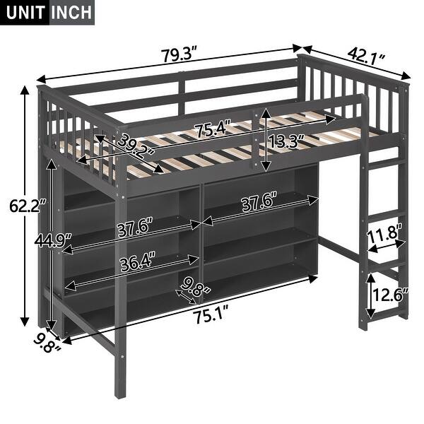 dimension image slide 1 of 2, Multi-Functional Twin Size Loft Bed with 8 Open Storage Shelves and Built-in Ladder, Space Saving, Solid Construction, Gary