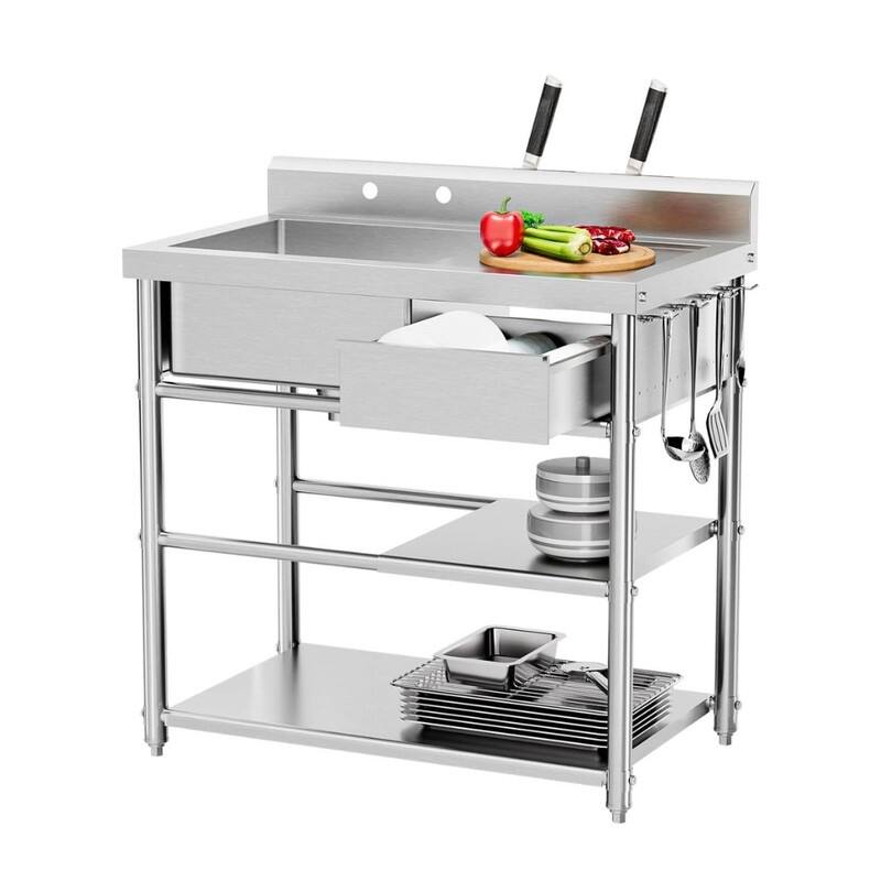 36 In. Stainless Steel Freestanding Single Bowl Sink Laundry/Utility Sink In Silver With Drawer & Hanging Hook - N/A